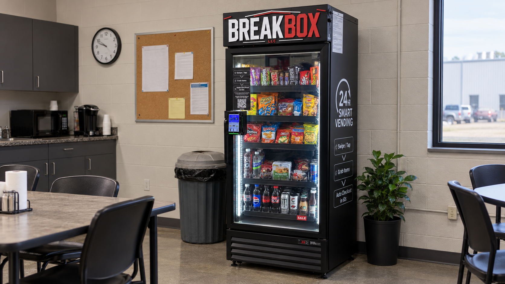 BreakBox smart cooler in a practical manufacturing employee breakroom