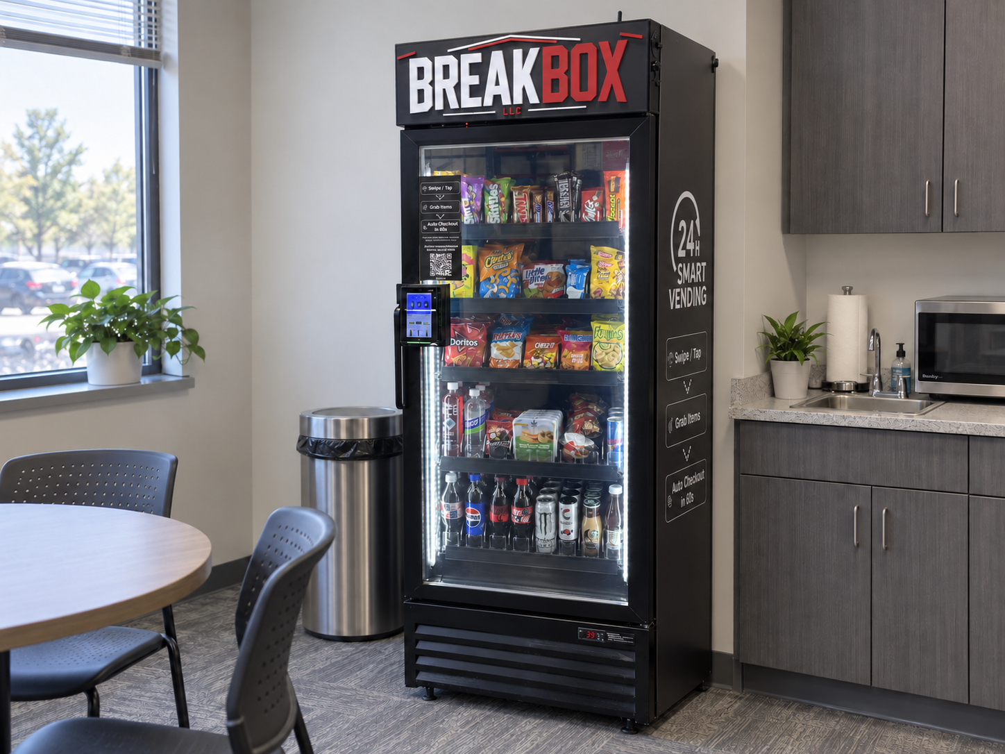 BreakBox smart cooler in a clean office breakroom